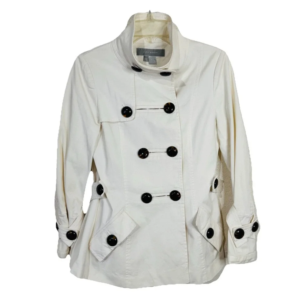 Zara Jacket Bell Sleeve Cream Beige‎ M Woman Cotton Double Breast Buttons Lined